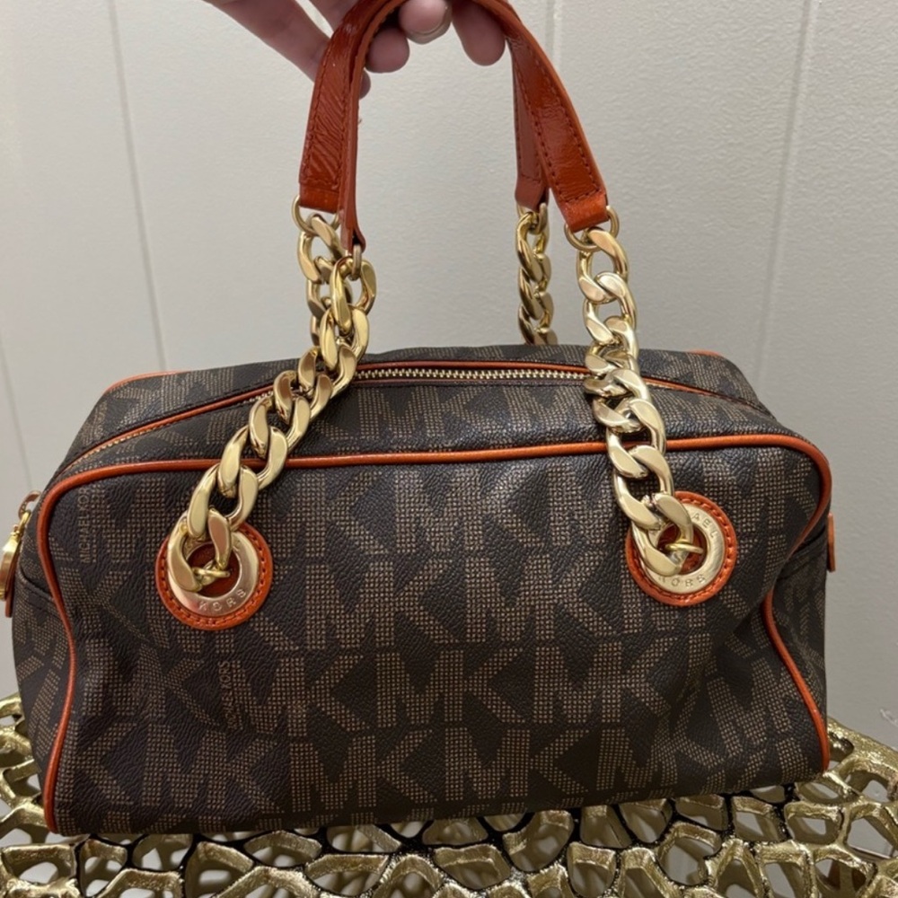 Michael Kors Orange and Brown Handbag with orange and Gold link straps